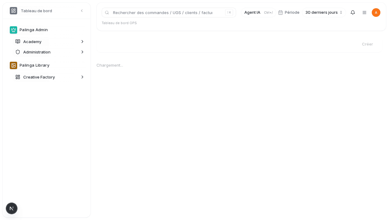 Interface PALINGA OPS avec suivi des tendances de flux, alertes entrepôt et indicateurs opérationnels.